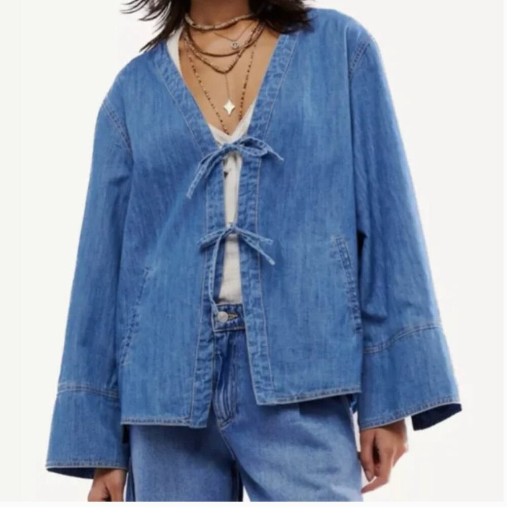 Free People Tie-Front Denim Jacket sz XL